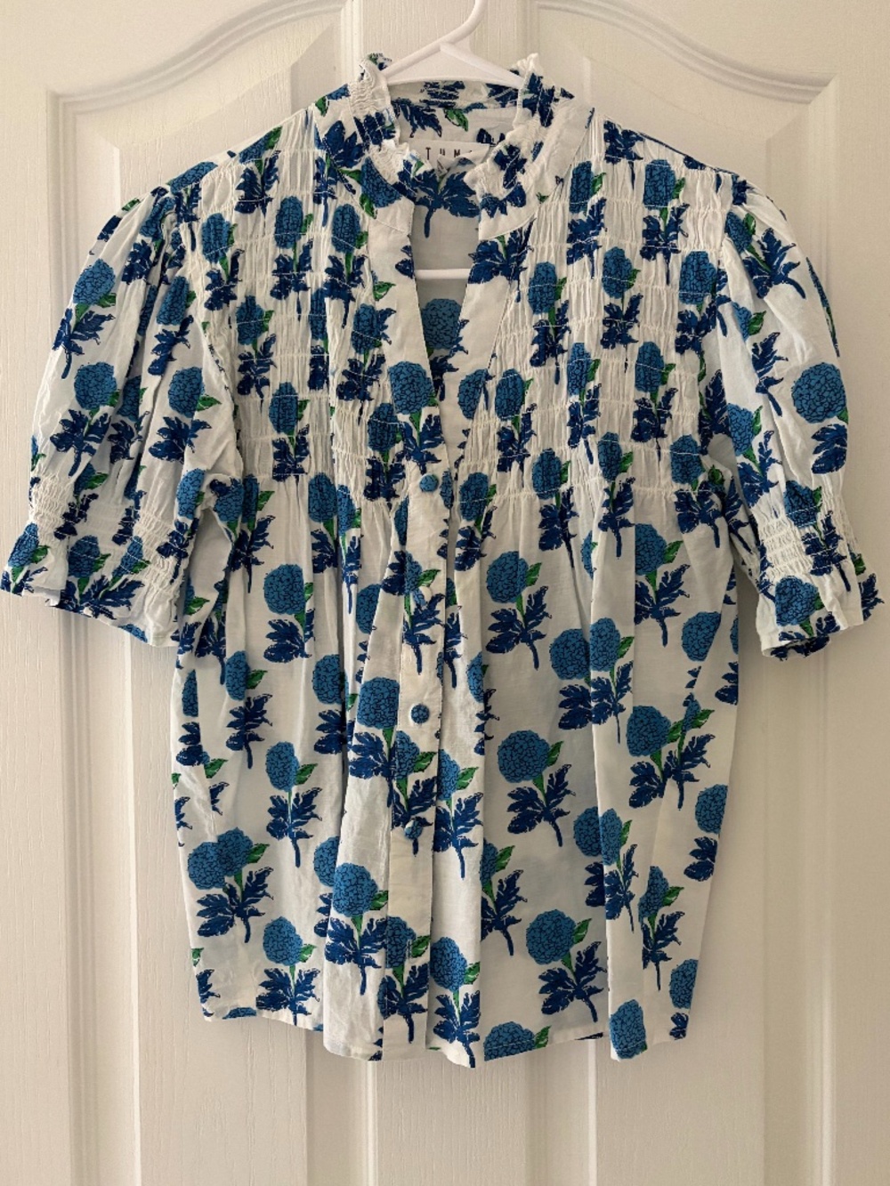 THML Smocked Block Print Blouse with V/Neck and Fabric Covered Buttons XS